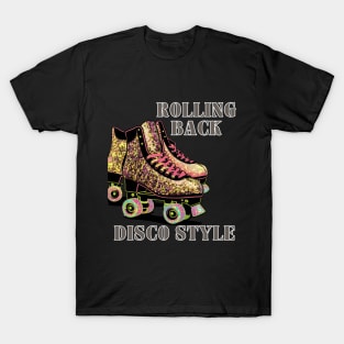 1980s Era Roller Skates Rolling Back Disco Style Gold Glitter Skates, 80s skating T-Shirt